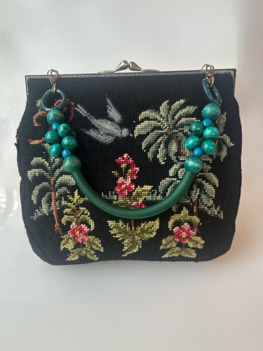 Vintage- Black Needlepoint Floral Handbag with Teal Beaded Handle